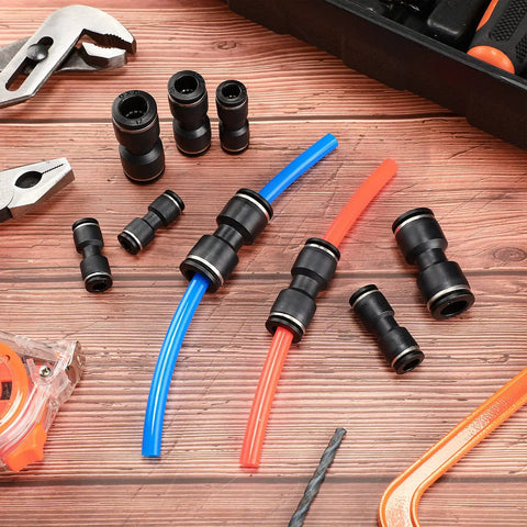 All in One 40 Piece Push to Connect Fittings Kit for Pneumatic Air Lines with 2 Way Quick Release Connectors on wooden surface