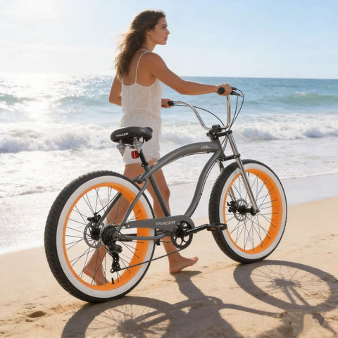 Woman walking on beach with Fat Tire Cruiser Bike With 7 Speed Shimano, iconic stretch chopper frame in a greyish orange finish