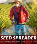 Person using Big 25 Lb Seed Spreader For Lawn And Garden, Adjustable Handheld Fertilizer And Grass Seed Spreader With Shoulder Strap