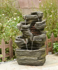 Six Tier Cascading Rock Outdoor Water Fountain With Lights For Garden Patio Backyard Deck And Porch No Fuss Setup With Pump 24.4 Inch High 110V Plug, stone-look design with LED lights on patio