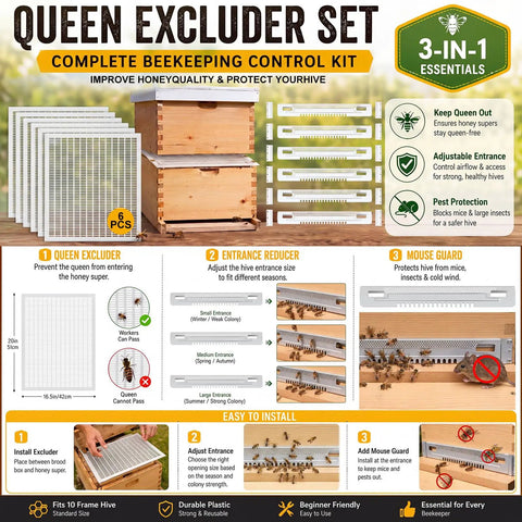 6 Pack Plastic Queen Excluder Set For 10 Frame Beehives Beekeeping Supplies Kit illustrated with excluders and hive diagram.