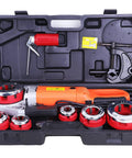 Consfly Portable Electric Pipe Threader Machine With Six Dies 2300W Copper Core Motor Tool For Galvanized Iron Pipes 1/2 To 2 Inch 110V Input in storage case with red dies and accessories.