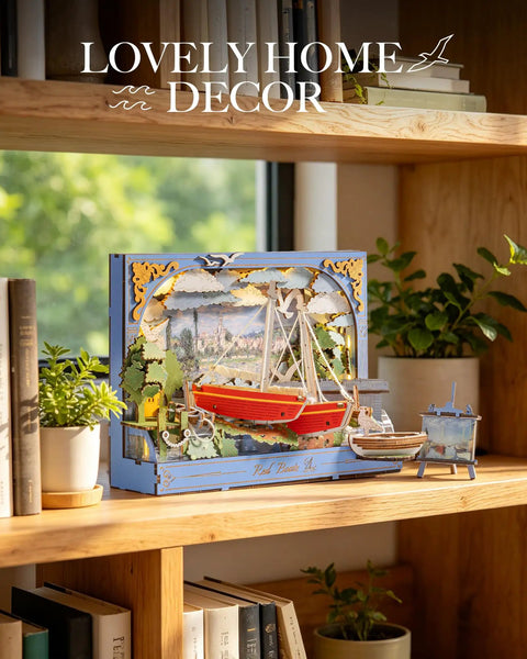 Monet Red Boats 3D Wooden Puzzle Kit For Adults With LED Light DIY Wall Art Craft Set Home Decor Dope Mindful Creative Gift For Christmas And Seasonal Decor displayed on a wooden shelf