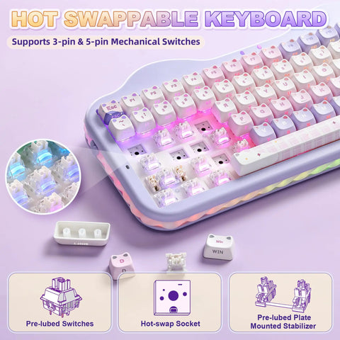 Top Tier Wireless Mechanical Keyboard With Dope Dessert Vibe And Compact 75 Percent Layout Featuring Hot Swap Switches Premium Pbt Keycaps And Butter Smooth Milk Springs For Chill Typing Sessions Or Epic Gaming Runs with illuminated keys and hot-swappable switches.