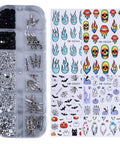 Halloween Nail Art Kit With Gothic Belt Charms, Black And Silver Rhinestones, And 6 Sheets Self Adhesive Halloween Nail Stickers For Women DIY Manicure in organizer