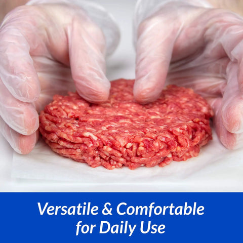 Person wearing 1000 Count Medium Disposable Gloves Bulk Pack Latex Free Powder Free Hybrid Plastic Gloves handling raw meat.