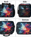 Colorful Starry Sky Insulated Picnic Backpack Lunch Bag, Portable Tote for Picnic, Beach, Work, Travel, and Camp, Large 12x8.7x10in Capacity Keeps Food Fresh with Thick Insulation and Easy Grab Handles shown from different angles including back, side, top, and bottom views.
