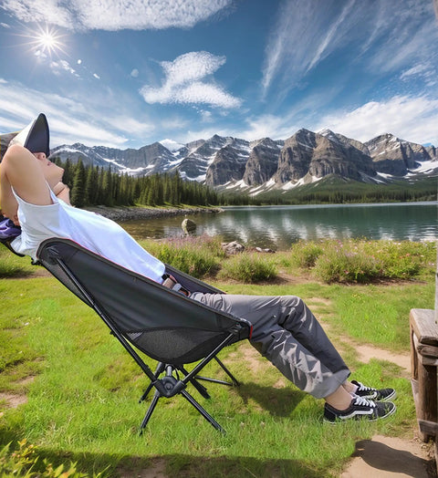 Lightweight Foldable Camping Chair With Grab And Go Carry Bag For Hiking And Outdoors, Sturdy Oxford Frame, used by a lake