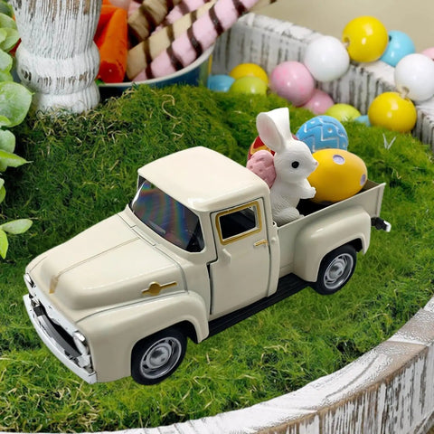 Vintage Easter Farmhouse Mini Diecast Metal Pickup Truck Decor With Eggs And Bunny For Tiered Tray Tabletop White Finish Gift