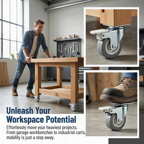 Top Shelf Heavy Duty 2 Inch Plate Casters Set Of 4 on a wooden workbench for easy movement and heavy load support.