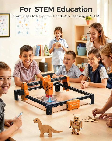 ACMER laser engraver machine (orange/black) on table with kids gathered, 300x300 mm engraving area