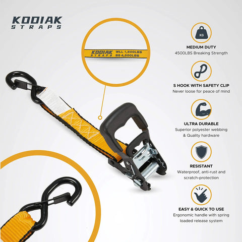 Heavy Duty Ratchet Straps 4 Pack Tie Downs For Cargo And Truck Bed, 4500 Break Strength, featuring coated deep S hooks and ergonomic handle.