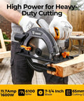 Professional Grade 7 1 4 Inch Circular Saw Featuring A Robust 1600 Watt Motor And 11 7 Amps Of Kick Ass Cutting Power For Heavy Duty Woodworking Projects At 6100 Rpm Lightweight Portable Design cutting through wood.