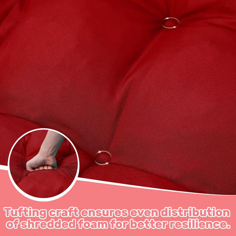 Close-up of red egg chair cushion showing tufted design and elastic shredded foam for Egg Chair Cushion Replacement For Hanging Chairs Outdoor Waterproof Cover Cushioned Wicker Hammock Swing Pad For Patio Thick Plush Comfort With High Elastic Filling And Breathable Shredded Foam Red.
