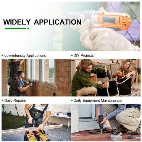 Collage showing diverse DIY projects using power tools; includes drilling, assembling, and repairing in various settings.