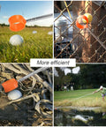 Collage showing Telescopic Golf Ball Retriever with 12 Foot Aluminum Shaft in use on grass, fence, bushes, and water by a golfer.