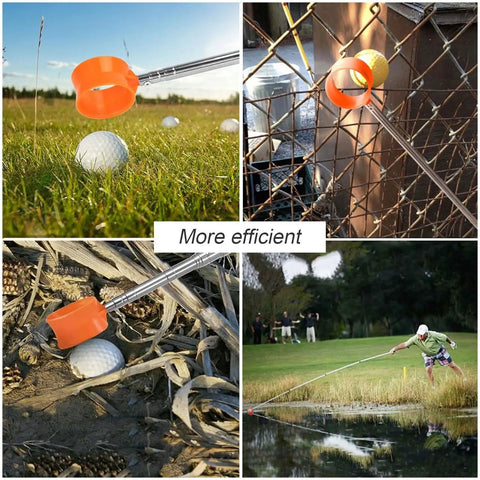 Collage showing Telescopic Golf Ball Retriever with 12 Foot Aluminum Shaft in use on grass, fence, bushes, and water by a golfer.