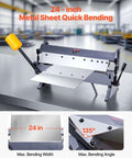 Box and Pan Brake 24 Inch Sheet Metal Bender on a table, showing adjustable angle and 24-inch wide metal sheet.
