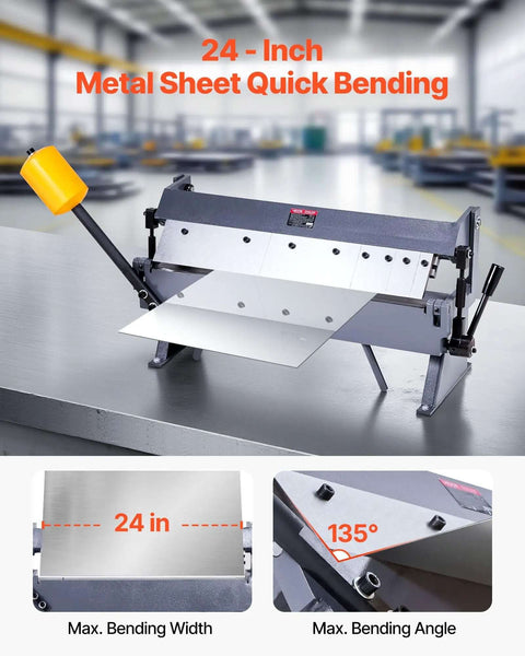 Box and Pan Brake 24 Inch Sheet Metal Bender on a table, showing adjustable angle and 24-inch wide metal sheet.