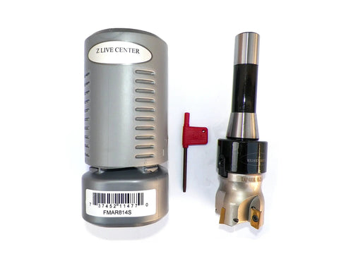 2 Inch Face Shell Mill Cutter With 90 Degree Geometry, Four Flutes, R8 Shank beside packaging and tool