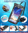 Two Pack Waterproof Phone Pouch Case Black And White IP68 Dry Bag for Smartphones up to 8.3 Inches with secure waterproof clip.