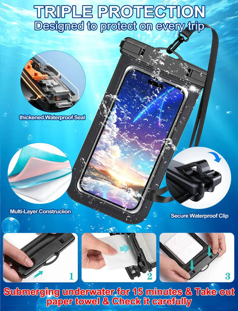 Image of Six Pack Multicolor Waterproof Phone Pouch Set with IP68 Rating, showing underwater use and secure sealing close-up.