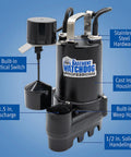 Cast Iron 1/2 HP Submersible Sump Pump With Copper-Wound PSC Motor, 4300 GPH At 0 Ft Lift, 3600 GPH At 10 Ft, Vertical Switch SI-50V