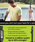 Man closing gate with Magnetic Pool Gate Latch With Self Closing Action Easy Install Top Pull Magna Latch N346-210, child nearby.