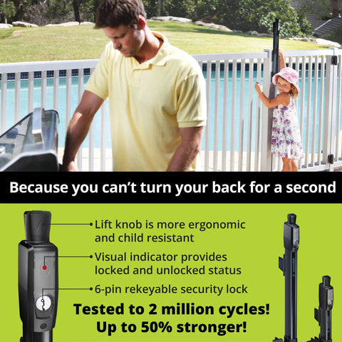Man closing gate with Magnetic Pool Gate Latch With Self Closing Action Easy Install Top Pull Magna Latch N346-210, child nearby.