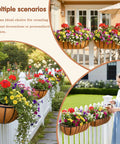 Gonna Love How Fresh These 2 Pack 24 Inch Railing Planter Boxes Look On Your Patio Featuring Heavy Duty Metal Frames And Natural Coir Liners Zero Fuss Window Boxes For Deck Balcony with colorful flowers on a white railing.
