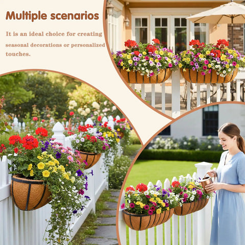 Gonna Love How Fresh These 2 Pack 24 Inch Railing Planter Boxes Look On Your Patio Featuring Heavy Duty Metal Frames And Natural Coir Liners Zero Fuss Window Boxes For Deck Balcony with colorful flowers on a white railing.