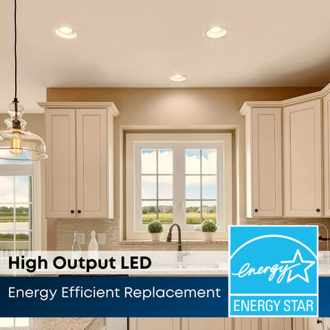Adjustable Five To Six Inch Scoop Recessed LED Downlight Kit, 3000K Bright White, on ceiling in modern kitchen.