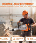 1700W Electric Jackhammer Concrete Breaker With 1900 BPM Demolition Power And Complete Three Piece Chisel Set Including Pointed And Wide Flat Bits For Heavy Duty Construction Tasks And Rocky Terrain Projects Badass Performance For Pros used by a worker to break concrete.