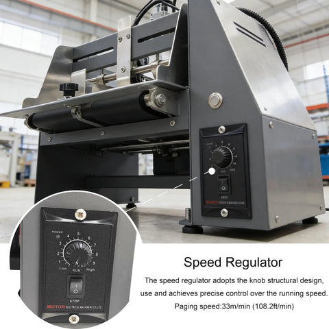Desktop Automatic Page Feeder For Inkjet Printers With Speedy Sheet Dispenser For Business Cards Paper Bags And Foil Pouches Plug And Play Setup showing speed regulator knob.