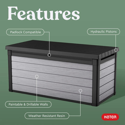 Massive 150 Gallon Resin Deck Box With Double Wall 20mm Panels Paintable And Drillable For Easy Outdoor Storage, grey and black
