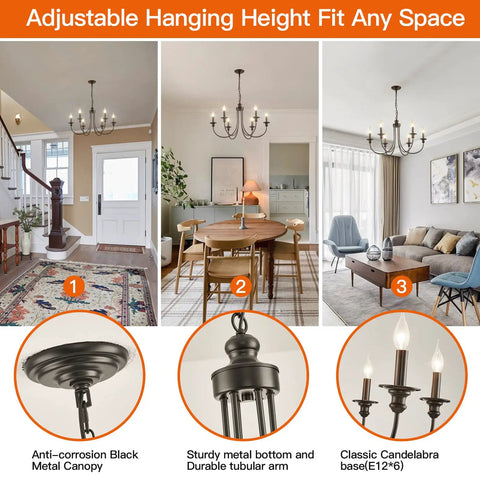 Six Light Black Farmhouse Chandelier With Classic Candle Style Modern Ceiling Fixture Adjustable Height in various rooms
