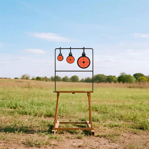 Auto Reset AR500 Steel Shooting Target With Spinner Mechanism set up in outdoor range, 3 orange targets on stand, pistol and rifle training