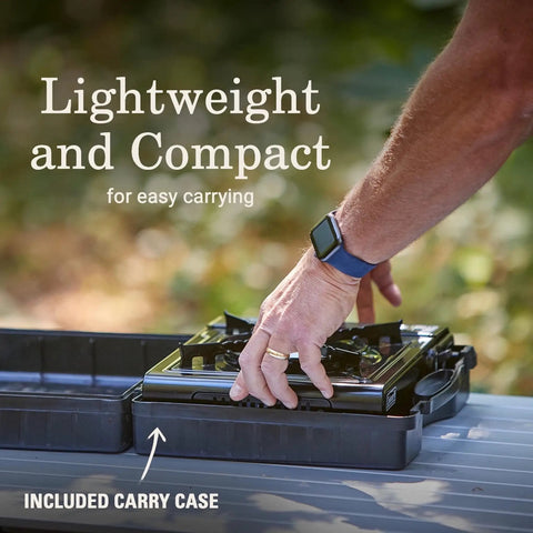 Portable Camping Stove With Carry Case And InstaStart Ignition 1 Burner Butane Cooktop being placed in carry case by user