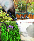 Drip Irrigation Kit With Quick Connector for automatic garden watering with atomizing copper nozzles and 360° droppers in use.