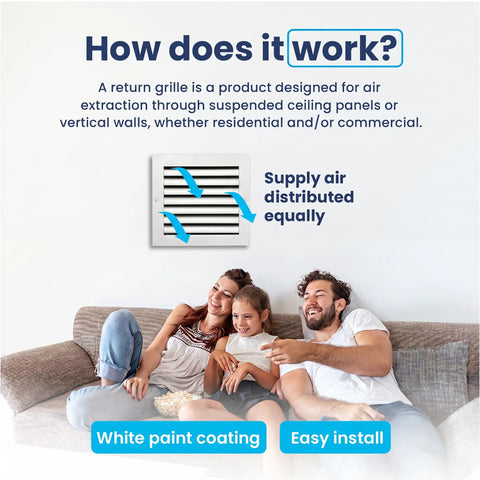 Family on sofa beneath a 24x24 Inch Air Return Vent Cover Decorative Aluminum Grille For Ceiling Or Wall, Rustproof and Built To Last
