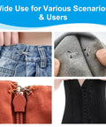 Top Shelf 100 Pair Metal Hook And Eye Fasteners With Hidden Sewing Closures In Black And Silver Rustproof Garment Closures shown in various uses on clothing.