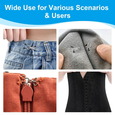 Top Shelf 100 Pair Metal Hook And Eye Fasteners With Hidden Sewing Closures In Black And Silver Rustproof Garment Closures shown in various uses on clothing.