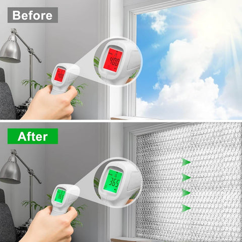 Reflective Insulation Roll 23.6 Inch By 10 Foot Bubble Aluminum Foil Sheet applied on window for heat reduction, before and after comparison.