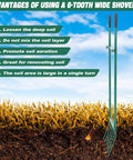 Heavy Duty Garden Broadfork With Dual Handles, 59 Inch Long Steel Pitch Fork, 16 Inch Wide Broadfork With 6 Steel Tines shown with soil