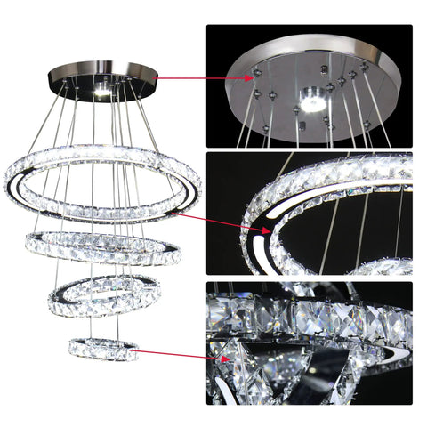 LED Crystal Chandelier With 4 Ring Design, Modern Stainless Steel Pendant Light, showcasing adjustable crystal rings.