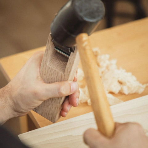Japanese Kanna Manual Hand Plane For Smoothing Woodwork precision ground 42 millimeter steel blade in use with mallet
