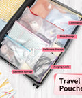 Open suitcase with Mega Zipper Pouch Set, 16.9 by 12.4 Inches, Waterproof Zipper Bags showing clothing and accessories.