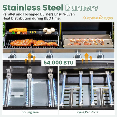 Propane Gas Griddle Grill Combo With Porcelain Enamel Cast Iron Grates And Cast Iron Pan showing stainless steel burners