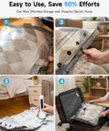 Collage showing use of Travel Vacuum Bags With 2026 Latest Wireless Pump 8 Pack 4 Sizes, sealing clothes in luggage.