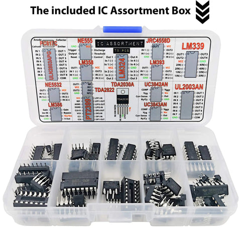 Electronic Components Assortment Kit With 2200 Pieces Grab Bag Including Resistors, Capacitors, ICs, and more in open IC box